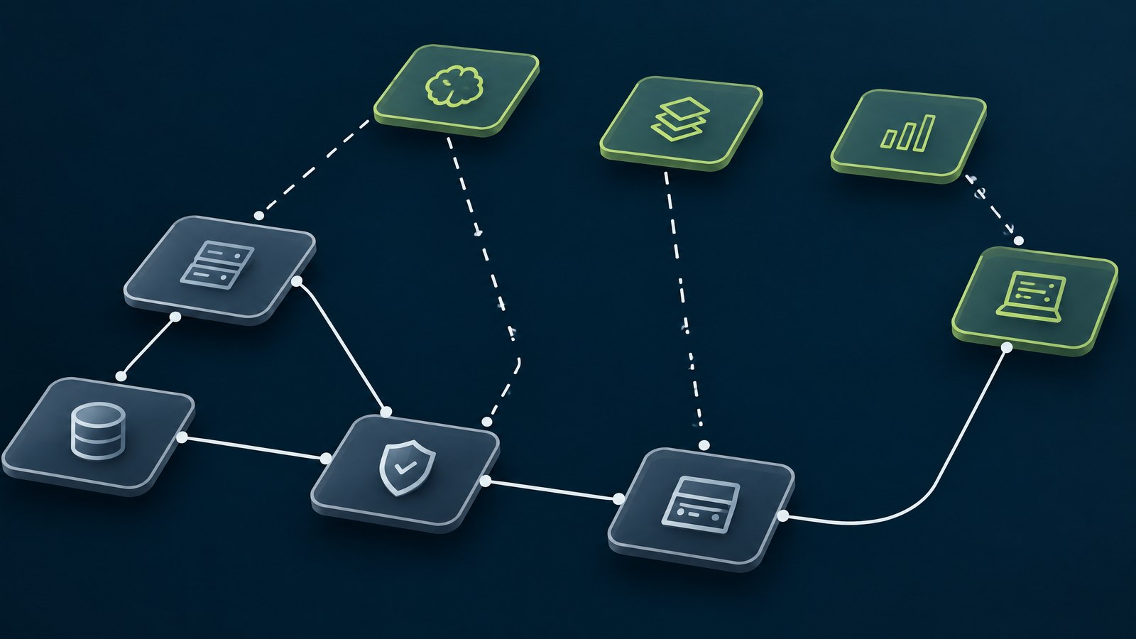Enterprise infrastructure nodes in slate and AI-oriented nodes in lime, linked by broken connections representing the AI pilot-to-production gap.
