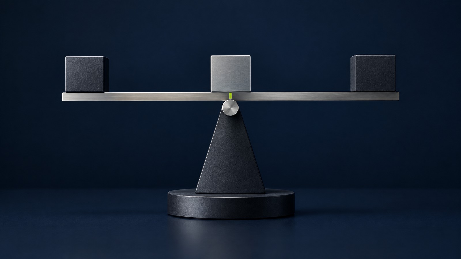 A precision balance with three graphite weights and a lime calibration mark, representing cybersecurity cost, coverage, and residual risk.